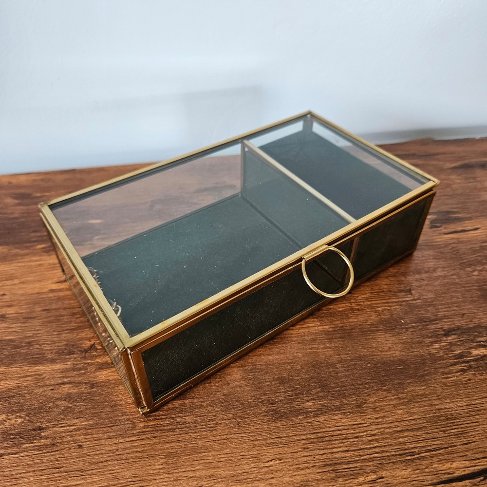 Brass Gold Glass Jewelry Box Green Velvet Lining 2 Compartment Trinket Case - Picture 4 of 6